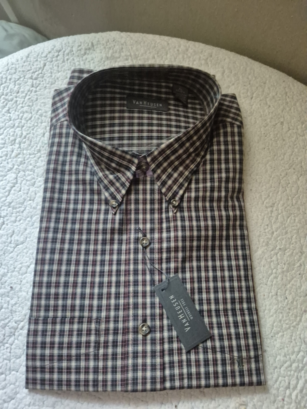 Van Heusen Men's Plaid Button-Down Shirt in Burgundy and Gray Long Sleeve